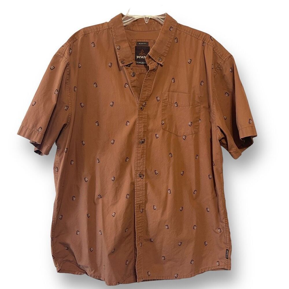 Prana Men's Broderick Slim Fit Short Sleeve‎ Button-down Shirt Brown XXL